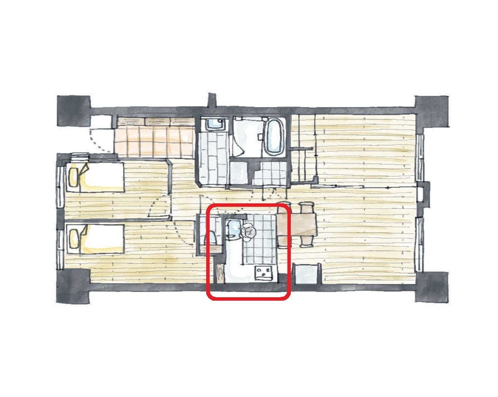 3畳のL型壁付けキッチン平面図