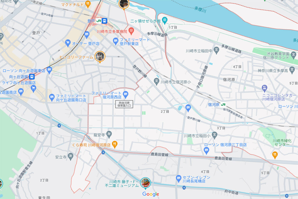 向ヶ丘遊園駅周辺の宿河原地区の地図